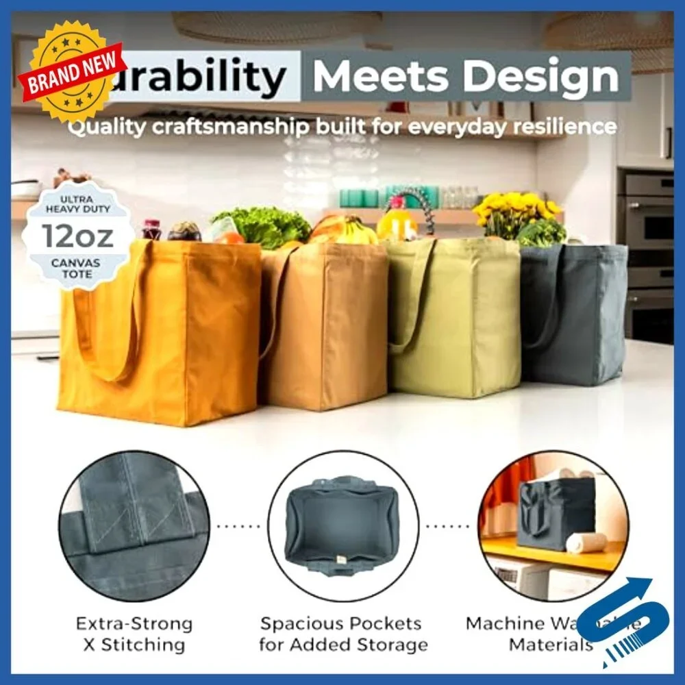 Heavy Duty Canvas Grocery Tote Set with Pockets Foldable Washable Utility